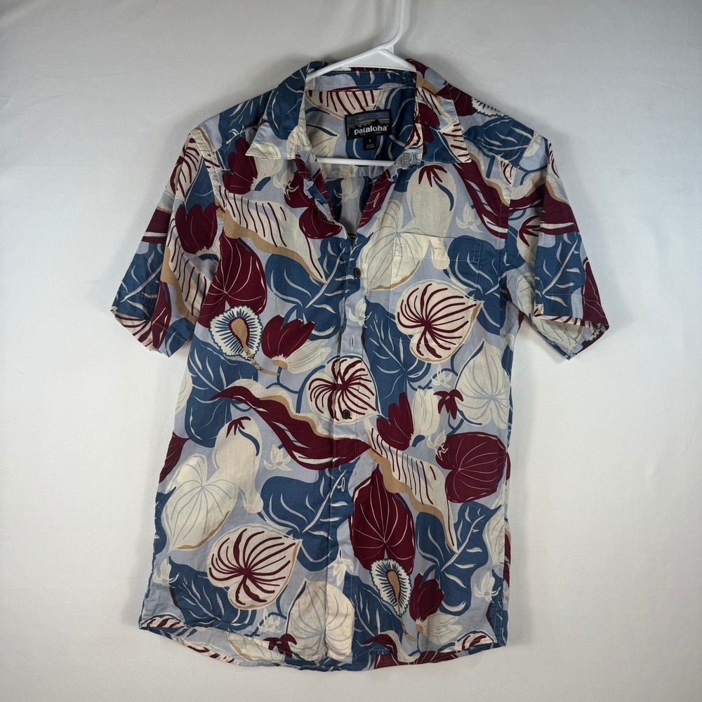 Patagonia Pataloha Mens Small Organic Cotton Tropical Leaf Aloha Shirt Blue Red